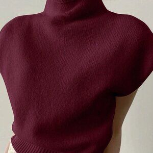 Burgundy Casual Women's French-Inspired Elegant High-Neck Loose-Fit Sweater Vest